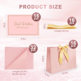 TUXIYA Gift Bag, 16PCS 12.6" x 9.8" x 3.9" Gift Bags with Handle and Bow Ribbon Large Gift Bags with Tissue Paper and Cards, Birthday Gift Bags,Present Bags for Wedding Party Mothers Day(Pink)