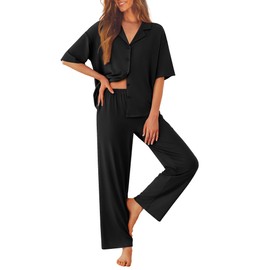 Ekouaer Women Pajamas Set Button Down Sleepwear Short Sleeve Pjs Soft Comfy Nightwear with Long Pants,Black,L