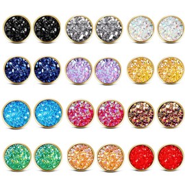 ATIMIGO Druzy Gold Plated Stud Earrings Set for Women Men Stainless Steel Hypoallergenic Pierced Earrings 12 pairs