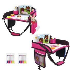 2Pcs ‎Kids Travel Tray, Kids Travel Trays for Car Seat, Road Trip Essentials for Toddler, Carseat Lap Tray with Dry Erase Board & Storage Organizer for Road Trip Activities for Kid, Pink