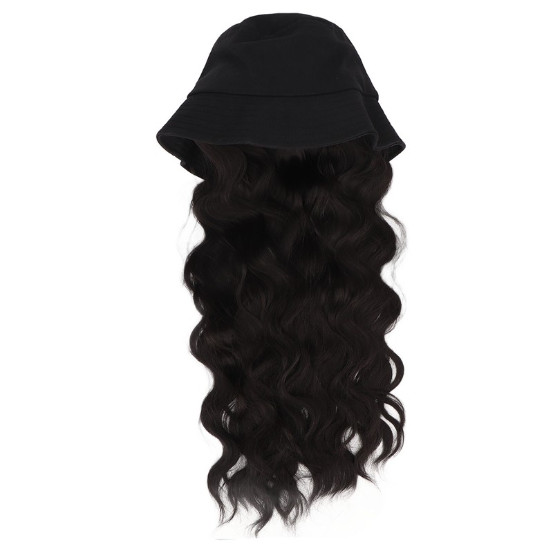 Hat Wig Women Detachable Middle Length Black Brown Curly Wavy