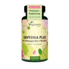 Vegavero 5-HTP Capsules Made from Griffonia with Ashwagandha KSM-66 and Rhodiola Rosea Rhodiolife, Adaptogenic Complex, Laboratory Tested, No Additives, German Production