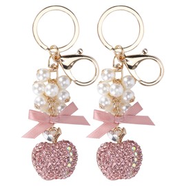 2Pcs Keychain Pendant Pearl DiamondStudded Fruit Shape Key Ring Girl Bag Decoration Accessory(Rose )