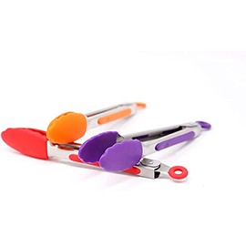 7-Inch Mini Silicone Kitchen Stainless Steel Tongs - Set of 3 (Red, Orange, Purple) - Mini Tongs for Serving Food, Cooking, Salad and Grilling