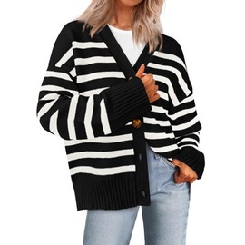 PRETTYGARDEN Women's Long Sleeve Striped Open Front Cardigan Sweaters Button Down Knit Lady Jackets 2024 Fall Outfits (Striped Black White, Medium)