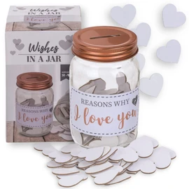 MIJOMA Preserving Jar of Love Wishes – Reasons Why I Love You – with 50 Writable Cardboard Hearts – Approx. 12 x 7.5 cm – Loving Wish Jar