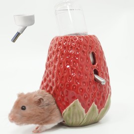 Hamster Water Bottle, Strawberry Ceramic Hamster Water Bottle for Glass Tank, 80ML Water Bottle Holder with 2 No Drip Caps for Syrian Dwarf Hamster Mice Gerbil