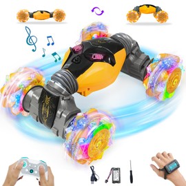 AGNEVE RC Cars Gesture Remote Control Car with Light Music 1:12 Hand Controlled Rc Car 2.4GHz 4WD Rc Stunt Car Gesture Sensing Double Sided 360° Rotation Off-Road Vehicle for Boys Girls(Yellow,Pro)