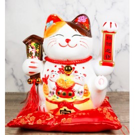 Japanese Lucky Charm White Beckoning Cat Maneki Neko With Waving Arm Figurine 9"