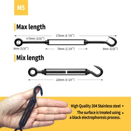 RiaYer 10 Pack Black Stainless Steel M5 Hook and Eye Turnbuckle, Heavy Duty Wire Rope Tensioner, Adjustable Hardware Kit for DIY String Light and Picture Hanging, Shade Sail, Cable Tightening
