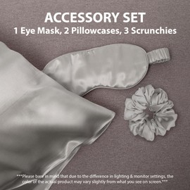 Cathay Home Satin Bedding Accessories Set – Pillowcases, Eyemask, Scrunchies – Silky Smooth – Wrinkle & Fade Resistant (Standard, Silver)