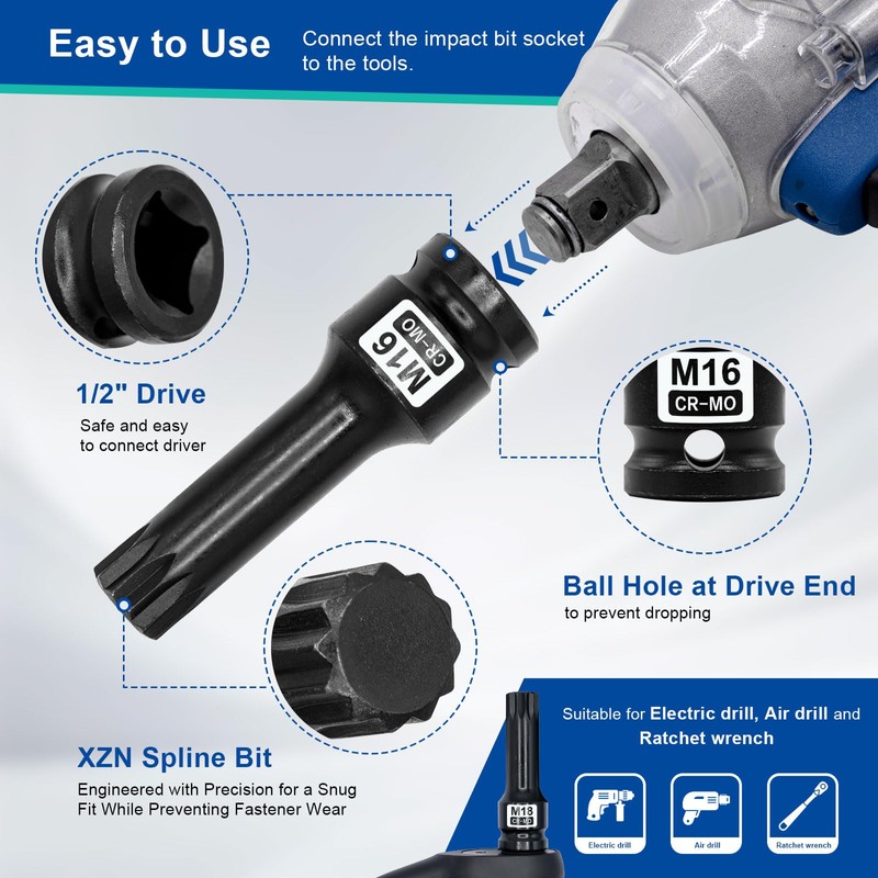 DAKCOS 1/2 Inch Impact XZN Bit Socket Set, M14 M16