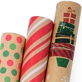 LaRibbons Kraft Christmas Wrapping Paper Set, 3 Rolls 17" x 120", Features Christmas Stockings, Gifts, Stripes, Polka Dots, Brown Holiday Paper with Cutlines for Christmas, Holiday, Birthday, Party, Gift Wrap