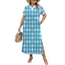 LOMON Maxi Dress for Women Beach Vacation Casual Sundresses for Women 2025 Polo V Neck Short Sleeve Striped Long Dress Slip Teacher Outfits Blue Plaid L