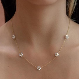 Pearl Necklaces for Women Plated Dainty Pearl Y Necklace Daisy Flower Single Pearl Necklace For Women 17"+2"