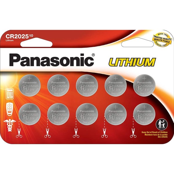 Panasonic CR2025 3.0 Volt Long Lasting Lithium Coin Cell Batteries in Child Resistant, Standards Based Packaging, 10 Pack