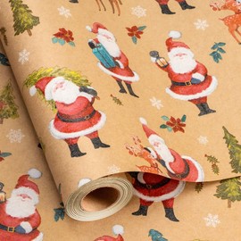 Retrify Kraft Christmas Wrapping Paper Roll - Laughing Santa Claus Carrying Green Trees Gift Wrap Paper for Holiday DIY Craft Decoration - 17 Inch x 32.8 Feet - Mini Roll