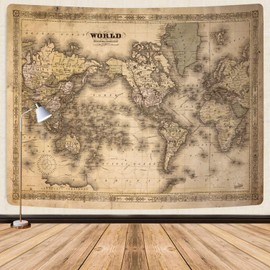 GOAOK Retro Old World Map Tapestry, Vintage Map Asian Northern European Topography Earth Educational Tapestry for Classroom, Brown Adventure Travel World Map Office Tapestry Wall Art 80"X60"