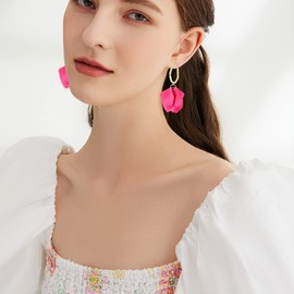Anmpab Boho Long Acrylic Rose Petal Drop Dangle Earrings Bohemian Resin Multicolored Flower Statement Floral Tassel Earrings Layered Floral Petal Earrings for Women Bridal Prom Gifts (Rose Red)