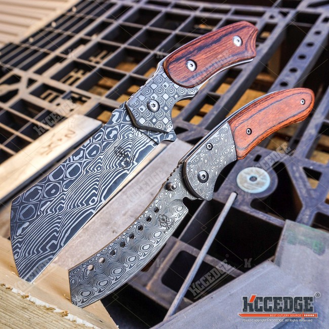 Wartech Buckshot Knives 2 PC Cleaver Combo Hiking Forest Etched Damascus Set 8.75" Cleaver Fixed Blade + 8" Shaver Style Folding Blade Camping Hunting Knife (Combo 1)