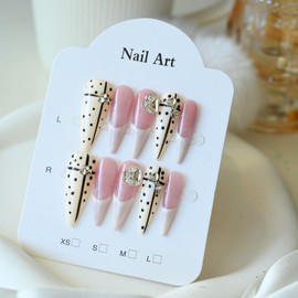 Handmade Press On Nails Long White French Tip with Diamond Spot Cream Design, Set of 10 Pcs Acrylic Press On False Nails Stiletto, Size Medium