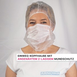 ARNOMED Astro Hood with 2-Layer Face Mask, Pack of 100, PP Fleece Hair Net with Attached Mask in White, Head Cover with Elastic Band and Face Mask, Nurse & Care Accessories, Head Protection Kitchen