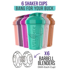 VELOMIX 6 pack small shaker bottles AN5-6 PACK- Shaker Cups for Protein Shakes 20 oz - 6x Wire Whisk | Leak Proof Protein Shaker Bottle for Protein Shakes, Shaker Bottle Pack for Pre & Post Workout