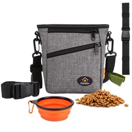 Ownpets Dog Training Pouch, Pet Treat Training Pouch with Collapsible Bowl, Shoulder Strap & Waist Strap, 4 Ways to Wear, Practical Training Bag for Dog Training, Daily Walks - Grey