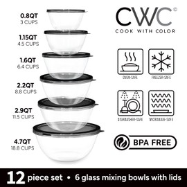 COOK WITH COLOR 12 Pc Glass Mixing Bowl Set with Lids – Borosilicate Glass Nesting Bowls for Cooking, Baking and Meal Prep, Black