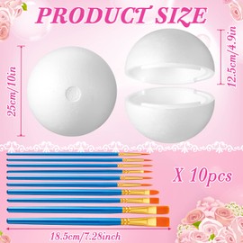 Fabbay 2 Pcs Hollow Half Foam Balls for Crafts White Half Sphere Foam Ball for DIY Crafts Arts Round Balls with 10 Acrylic Paint Brushes Set for Kids Adults Artist Painting Supplies(10 Inch)