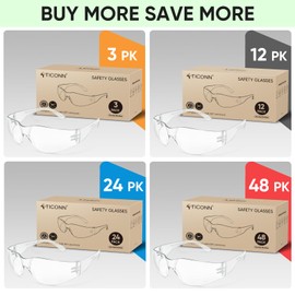 TICONN 12 Clear Safety Glasses for Men, Safety Goggles with Scratch Impact Resistant Meets ANSI Z87.1 Standard (Yellow, 12 Pack)