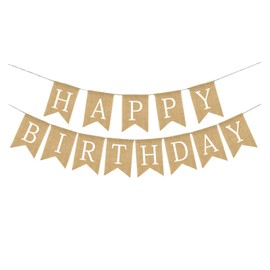 Chris.W Happy Birthday Banner, NO DIY Rustic Burlap Happy Birthday Sign with White Letters, Pre-Strung Bday Hanging Decoration for Women Men Girl Boy Birth Day Backdrop Party Supplies