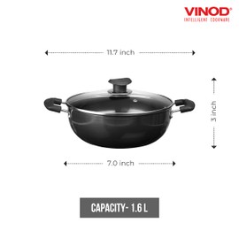 Vinod Cookware Hard Anodized Deep Kadhai with Glass Lid – Black - 1.6 Liters (1.69 Quarts) – 18cm - Small Size - Multi-Use Pot/Wok - Suitable For Indian Cooking, Sauces, Pasta, Stews, Soups