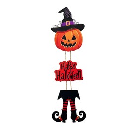 Witch Pumpkin Happy Halloween Sign Hanging for Home Wall Decor 3-Pieces Halloween Party Outdoor indoor Decor Wooden Witch Legs Hat Sign for Front Door Wall Art(Orange)