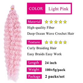 Light Pink Curly Ocean Wave Wavy Braiding Hair Deep Wave Crochet Hair 24 Inch Synthetic Pink Boho Hair for Braiding Bohemian Soft Curls for Boho Braids Extensions