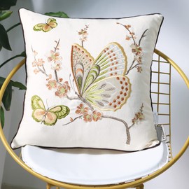 Pilmandu Set of 2 Embroidered Decorative Throw Pillow Covers Couch Square Pillowcases Cushion for Bedroom Sofa Farmhouse Decor 18x18 Inch (Brown Butterfly)