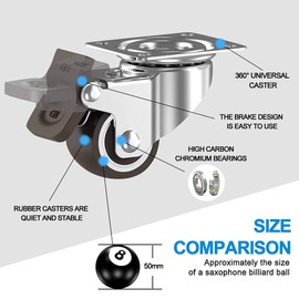 4 x swivel castors for furniture, 50 mm, load capacity 400 kg, heavy duty castors, 2 furniture castors with brake, castors for furniture, transport wheels, silent rubber castors, heavy duty castors