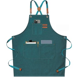 AFUN Chef Aprons for Men Women with Large Pockets, Cotton Canvas Cross Back Heavy Duty Adjustable Work Apron, Size M to XXL (Darkgreen)