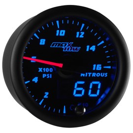 MaxTow Double Vision 1,600 PSI Nitrous Pressure NOS Gauge Kit - Includes Electronic Sensor - Black Gauge Face - Blue LED Illuminated Dial - Analog & Digital Readouts - 2-1/16" 52mm