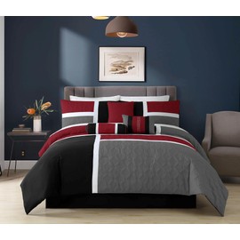 Chezmoi Collection 7-Piece Quilted Patchwork Comforter Set, Red/Gray/Black, King