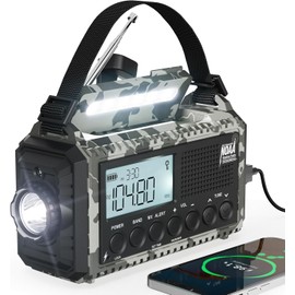 Mesqool Disaster Prevention Radio, 12,000 mAh, Solar Charging, Hand Crank, Flashlight, Reading Lamp, FM/SW/AM Compatible (FM76.00 MHz - 108 MHz), Small Radio with SOS Alert, Chargeable for Smartphones