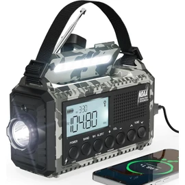 Mesqool Disaster Prevention Radio, 12,000 mAh, Solar Charging, Hand Crank, Flashlight, Reading Lamp, FM/SW/AM Compatible (FM76.00 MHz - 108 MHz), Small Radio with SOS Alert, Chargeable for Smartphones
