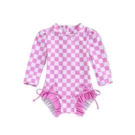 Yccutest Toddler Rash Guard One Piece Swimsuit Baby Girl Long Sleeve Ruffles Swimwear Zipper Bathing Suit Checkerboard Outfit (Pink,18-24 Months)