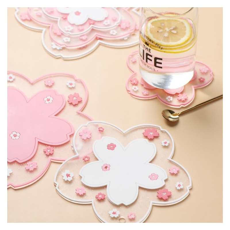 DWUENT Coaster Set 4PCs Cup Coasters Sakura Design PVC Drink