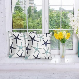 Emvency Set of 2 Throw Pillow Covers Beach Ocean Coastal Green and Blue Starfish Decorative Pillow Cases Home Decor Standard Square 20x20 Inches Summer White Pillowcases