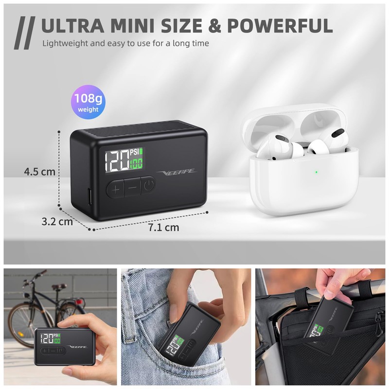 VEEAPE Tiny Pump Mini Bicycle Air Pump, 120 PSI Electric