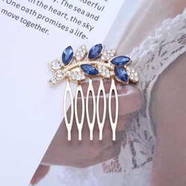 IRCOMULTI Crystal Bridal Hair Comb Headpieces Gold Blue Rhinestone Hair Side Comb Sparkling Leaf Wedding Hairpin Clip Updo Styling Hair Comb for Bridesmaid Decorative Hair Accessories for Women