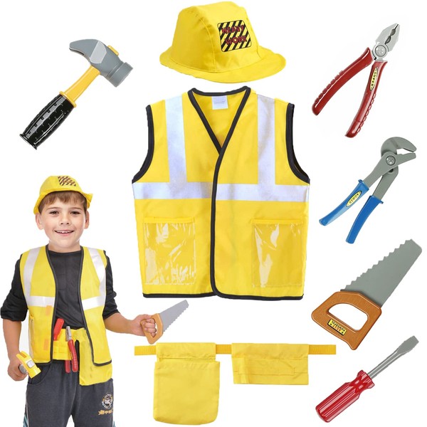 SATKULL Kids Construction Worker Costume Role Play Kit Set, Engineering Dress Up Gift Educational Toy Kids Halloween Boys Gifts Yellow