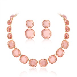 Ever Faith Pink Rhinestone Statement Choker Necklace Earrings Set, Round Crystal Bohemian Art Deco Costume Jewelry Set for Women Girls