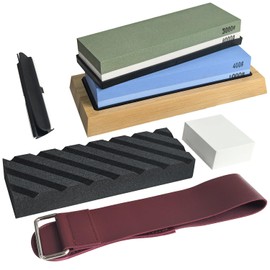SUGOOE Knife Sharpening Stone Kit, Dual Grit Whetstone 400/1000 3000/8000 Knife Sharpener with Non-Slip Bamboo Base, Leather Strop, Flattening Stone, Angle Guide and Stone Fixer